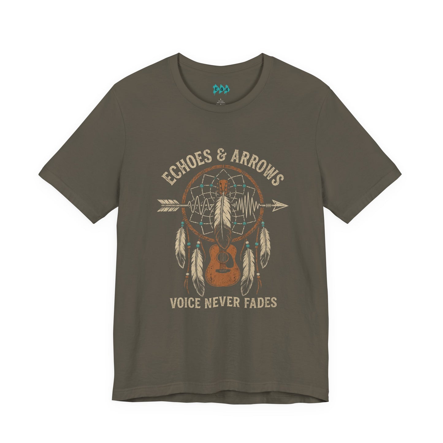 Echoes & Arrows Acoustic Guitar Dreamcatcher T-Shirt — "Voice Never Fades"