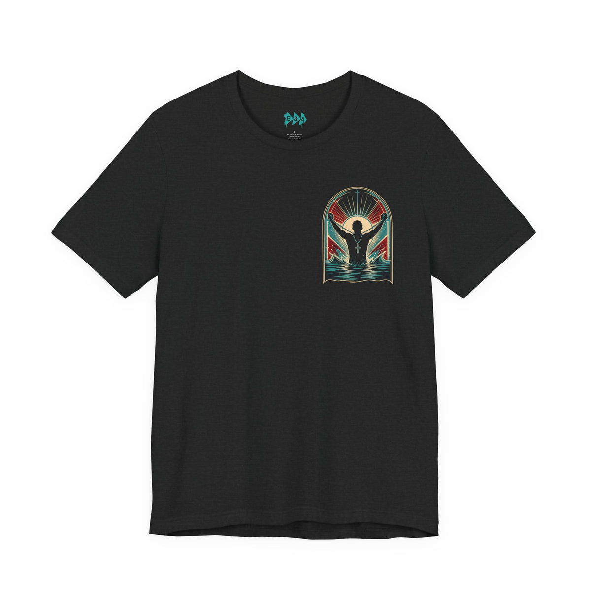Classic Fit- "Saved" T-Shirt — Raised Hands Silhouette with Cross Retro Graphic
