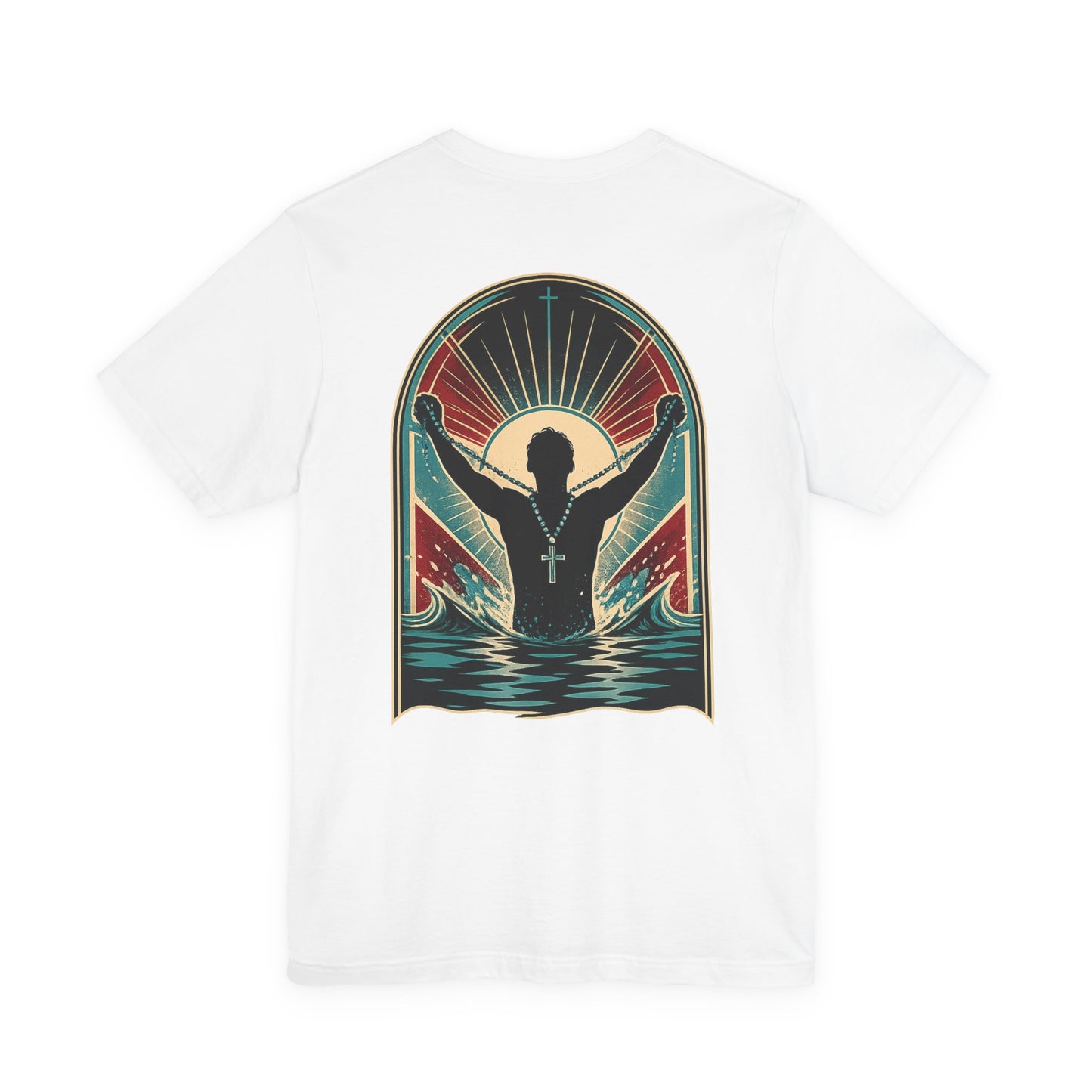"Saved" T-Shirt — Raised Hands Silhouette with Cross Retro Graphic