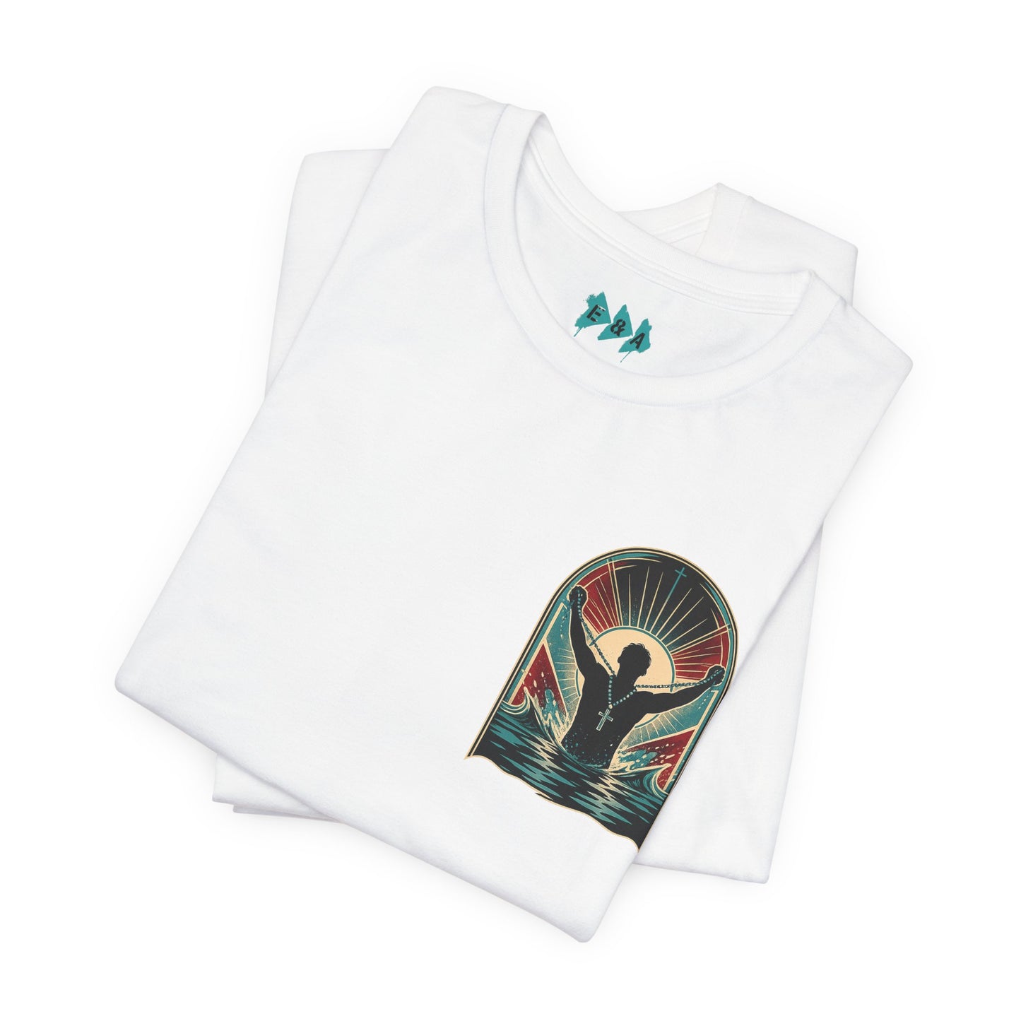 "Saved" T-Shirt — Raised Hands Silhouette with Cross Retro Graphic