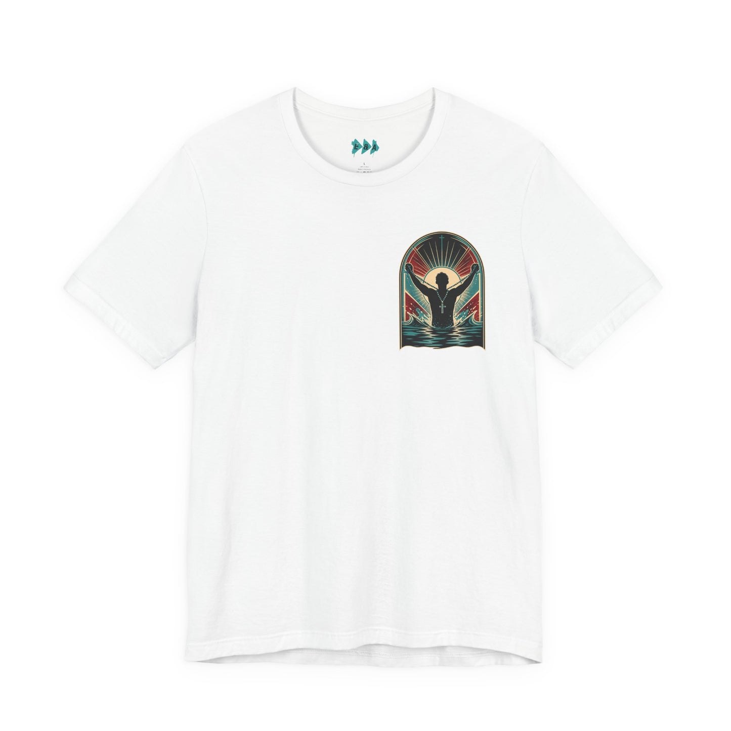 "Saved" T-Shirt — Raised Hands Silhouette with Cross Retro Graphic