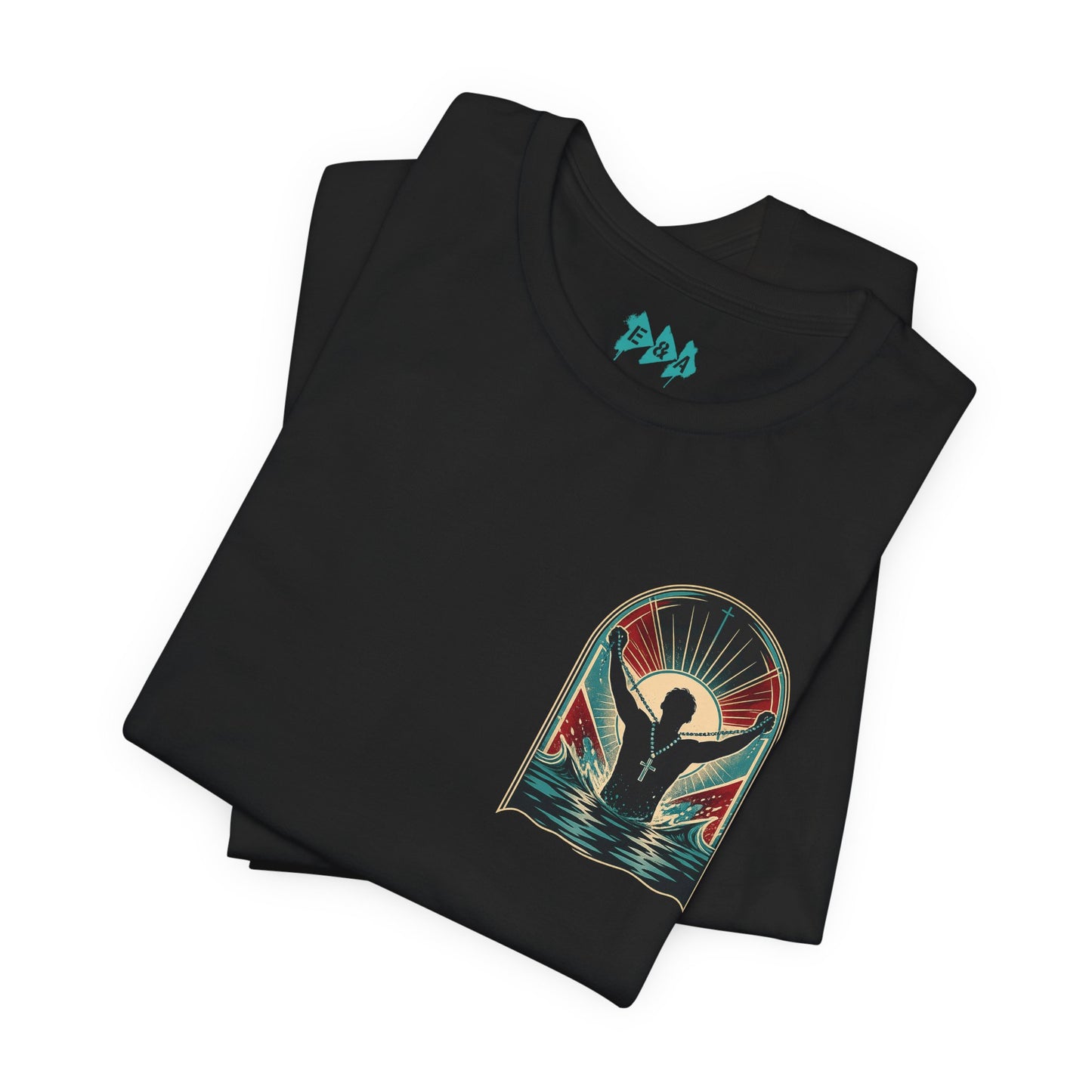 "Saved" T-Shirt — Raised Hands Silhouette with Cross Retro Graphic