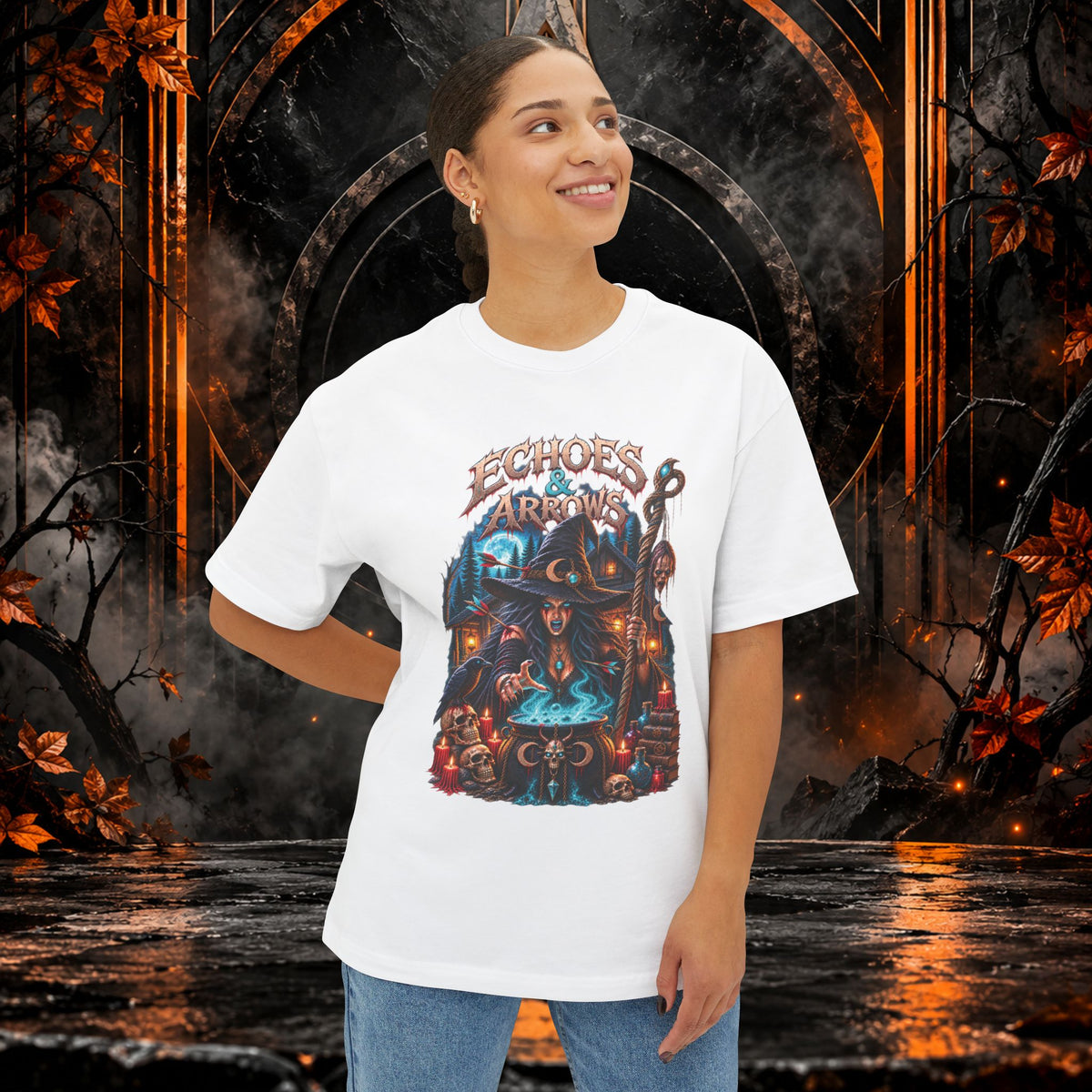 Oversized Boxy Fit -Echoes & Arrows Halloween Witch shirt