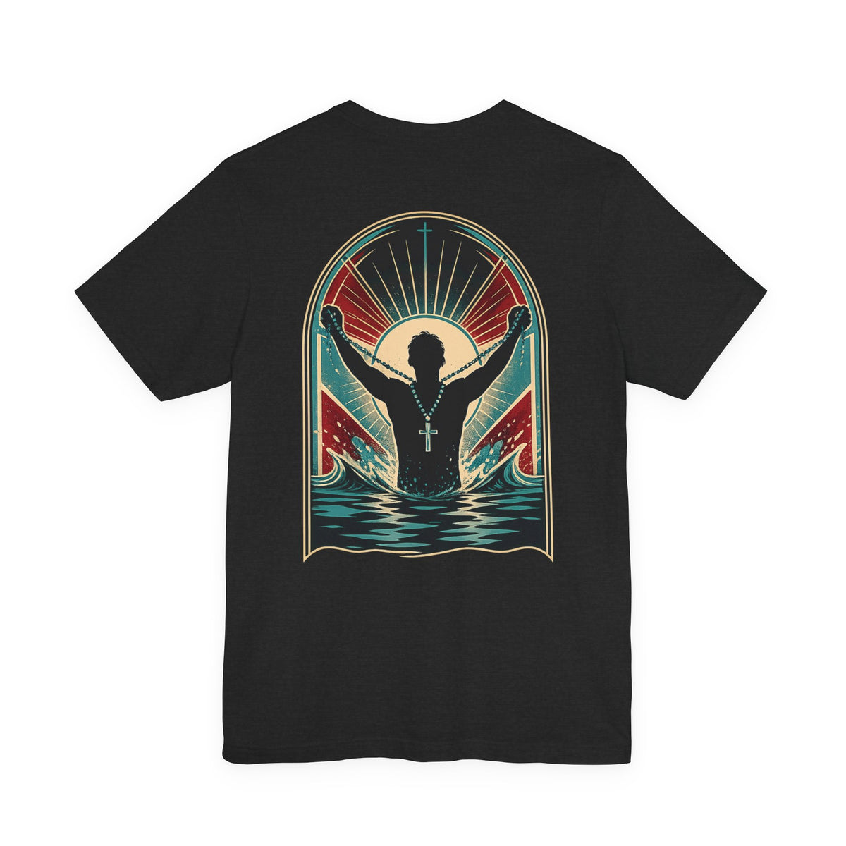 Classic Fit- "Saved" T-Shirt — Raised Hands Silhouette with Cross Retro Graphic