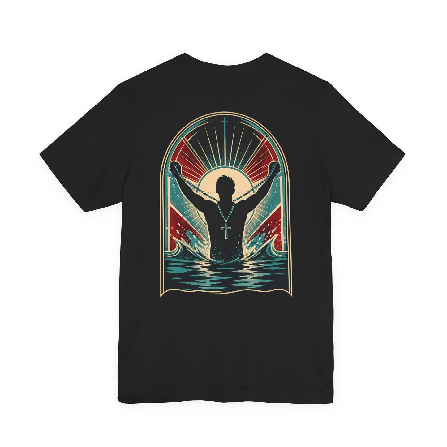 "Saved" T-Shirt — Raised Hands Silhouette with Cross Retro Graphic