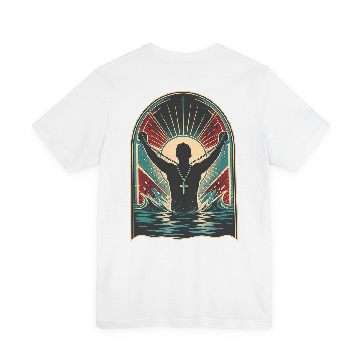 Classic Fit- "Saved" T-Shirt — Raised Hands Silhouette with Cross Retro Graphic