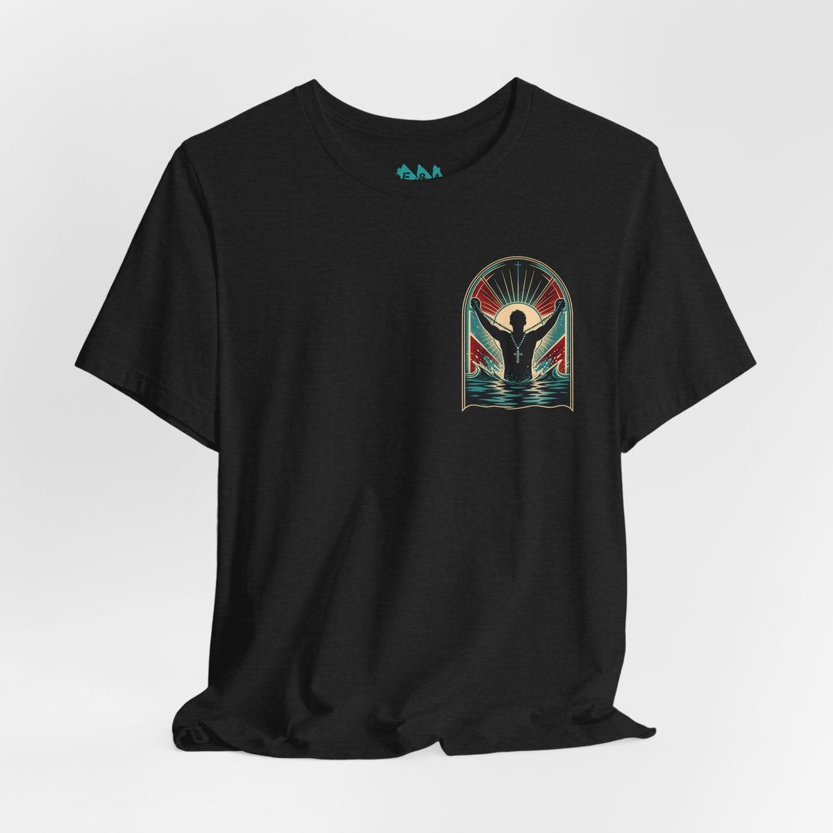Classic Fit- "Saved" T-Shirt — Raised Hands Silhouette with Cross Retro Graphic