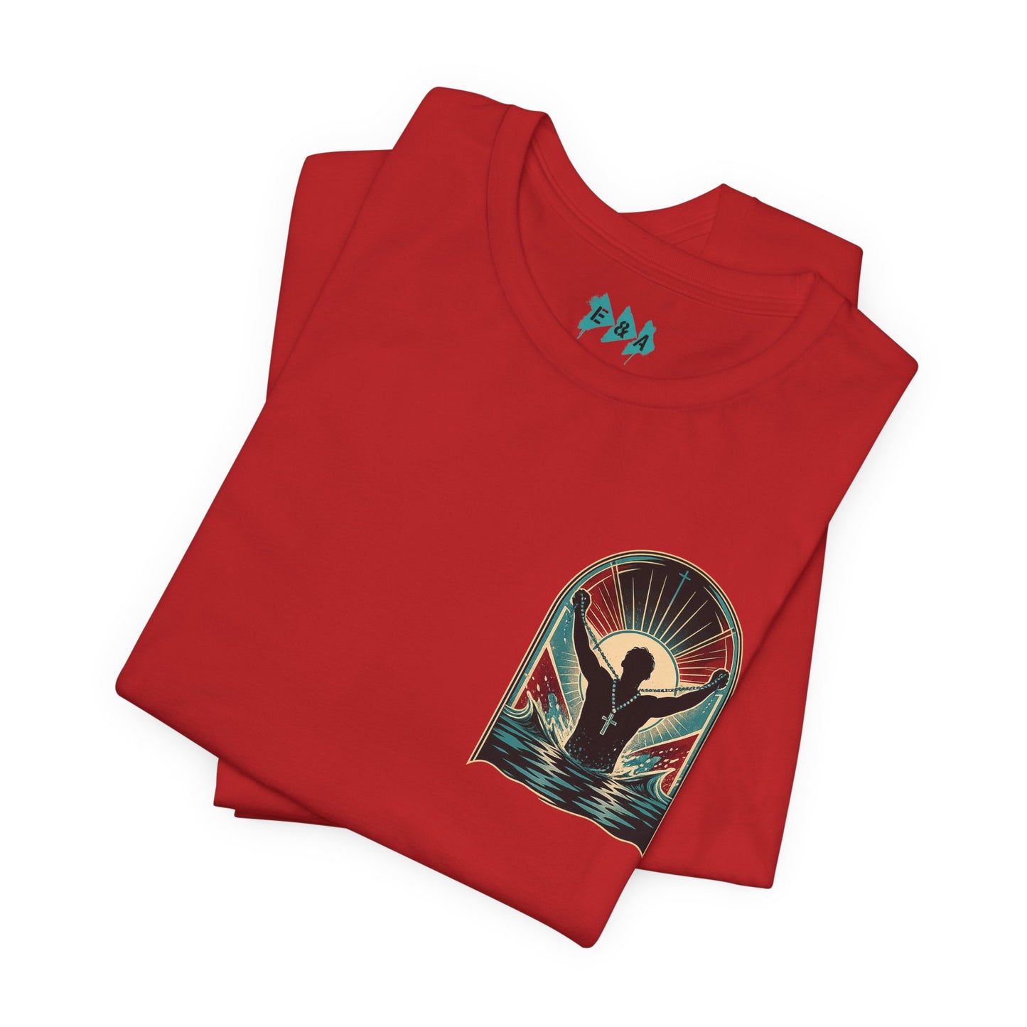 "Saved" T-Shirt — Raised Hands Silhouette with Cross Retro Graphic