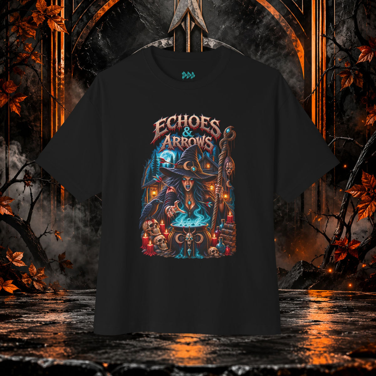 Oversized Boxy Fit -Echoes & Arrows Halloween Witch shirt