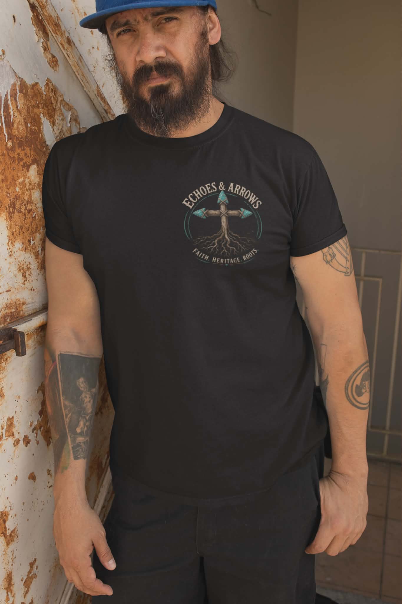 Echoes & Arrows 'Faith. Heritage. Roots.' T-Shirt — Tree Cross Logo Tee