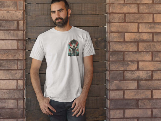 "Saved" T-Shirt — Raised Hands Silhouette with Cross Retro Graphic