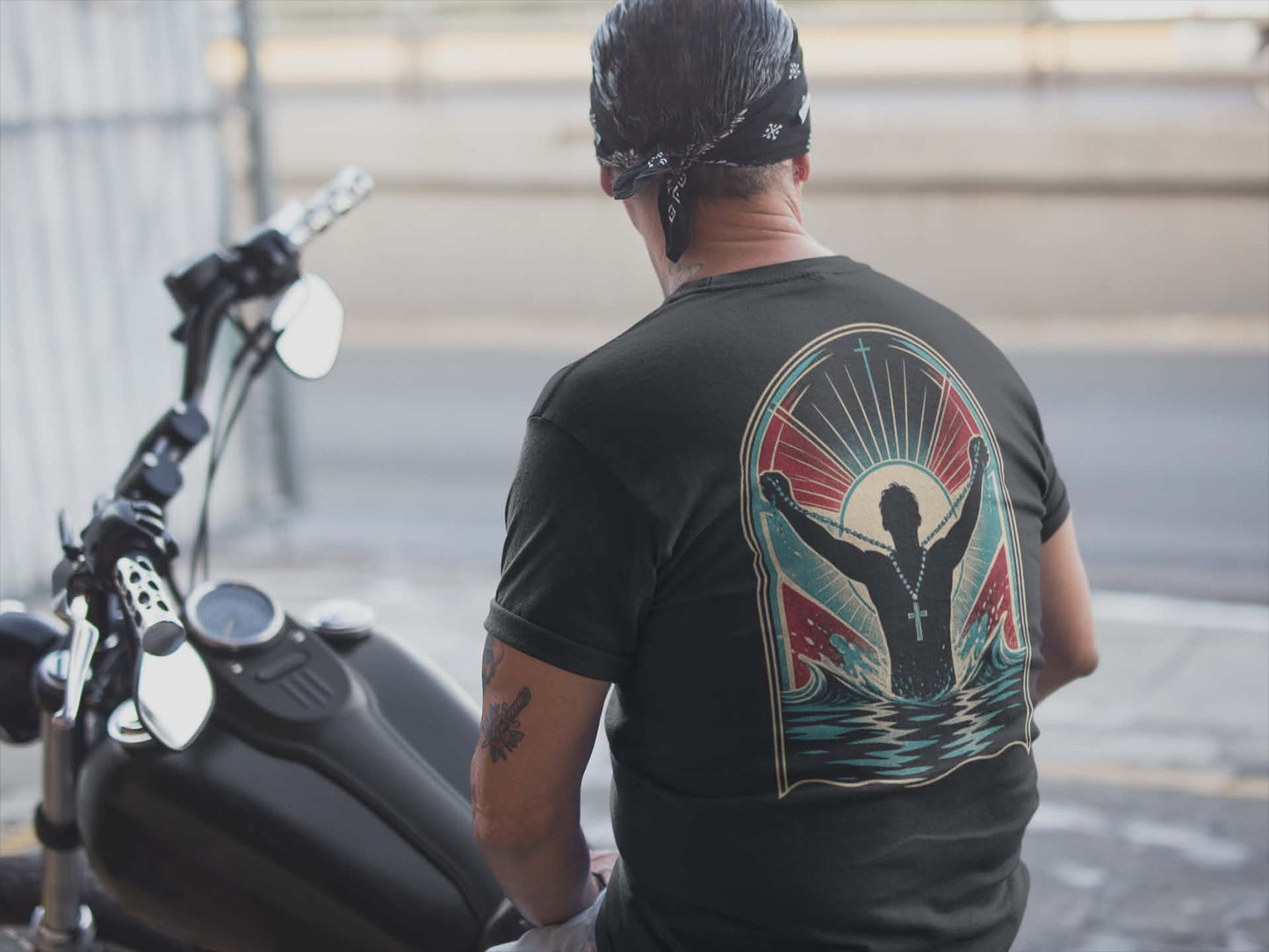 "Saved" T-Shirt — Raised Hands Silhouette with Cross Retro Graphic