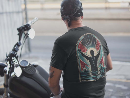 "Saved" T-Shirt — Raised Hands Silhouette with Cross Retro Graphic