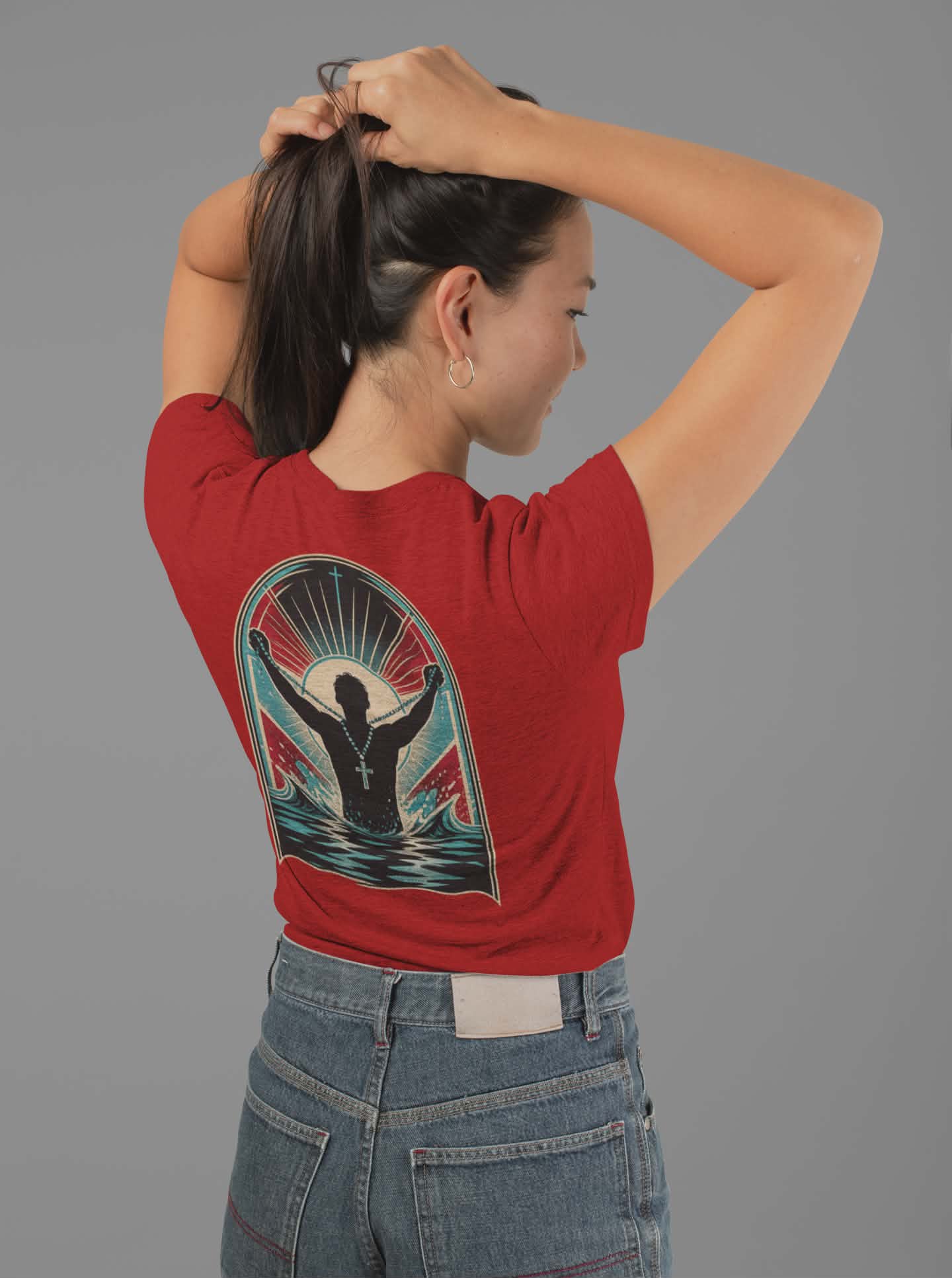 "Saved" T-Shirt — Raised Hands Silhouette with Cross Retro Graphic