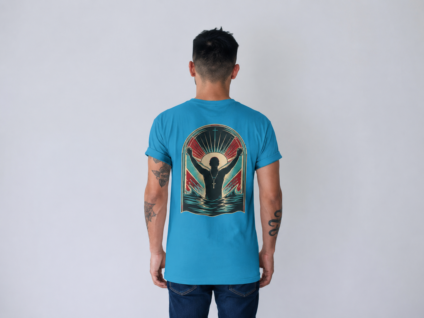 "Saved" T-Shirt — Raised Hands Silhouette with Cross Retro Graphic