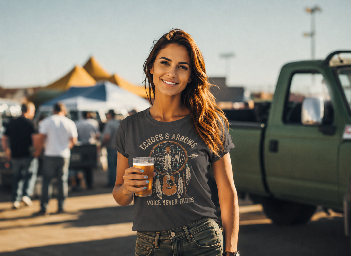 Echoes & Arrows Acoustic Guitar Dreamcatcher T-Shirt — "Voice Never Fades"