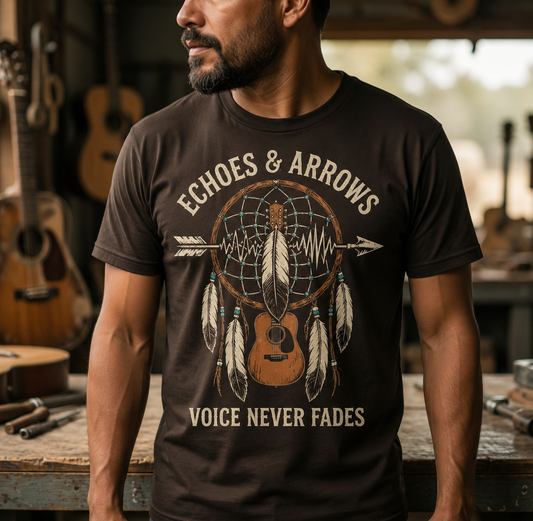 Echoes & Arrows Acoustic Guitar Dreamcatcher T-Shirt — "Voice Never Fades"