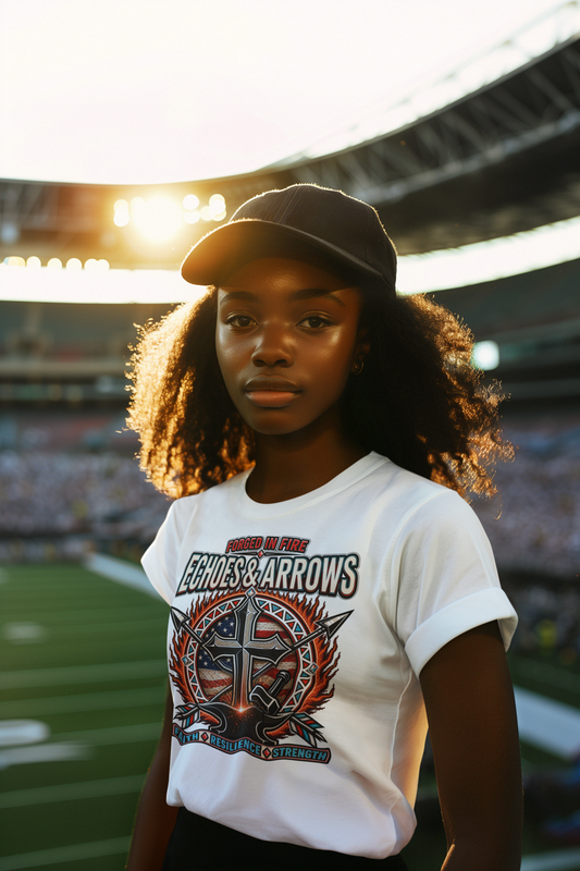 Echoes & Arrows Faith Tee — "Forged in Fire" Graphic T-Shirt Front logo