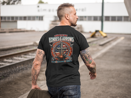 Forged in Fire T‑Shirt — Cross & Arrows Back Logo • "Faith, Resilience & Strength"