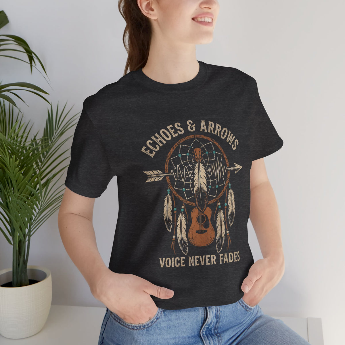 Classic Fit- Echoes & Arrows Acoustic Guitar Dreamcatcher T-Shirt — "Voice Never Fades"