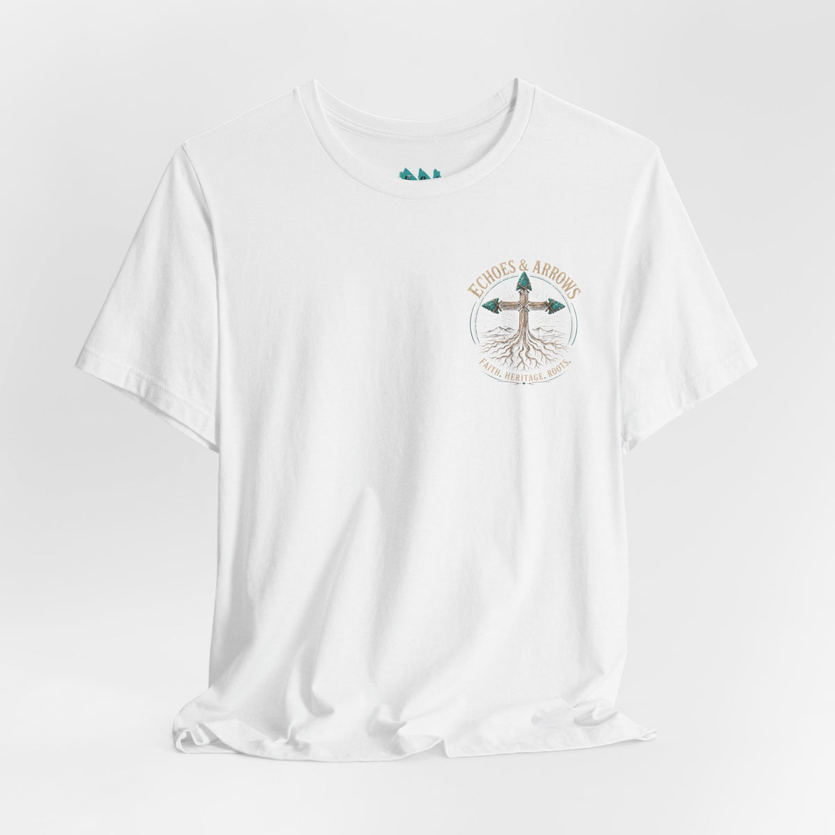 Classic Fit- Echoes & Arrows 'Faith. Heritage. Roots.' T-Shirt — Tree Cross Logo Tee