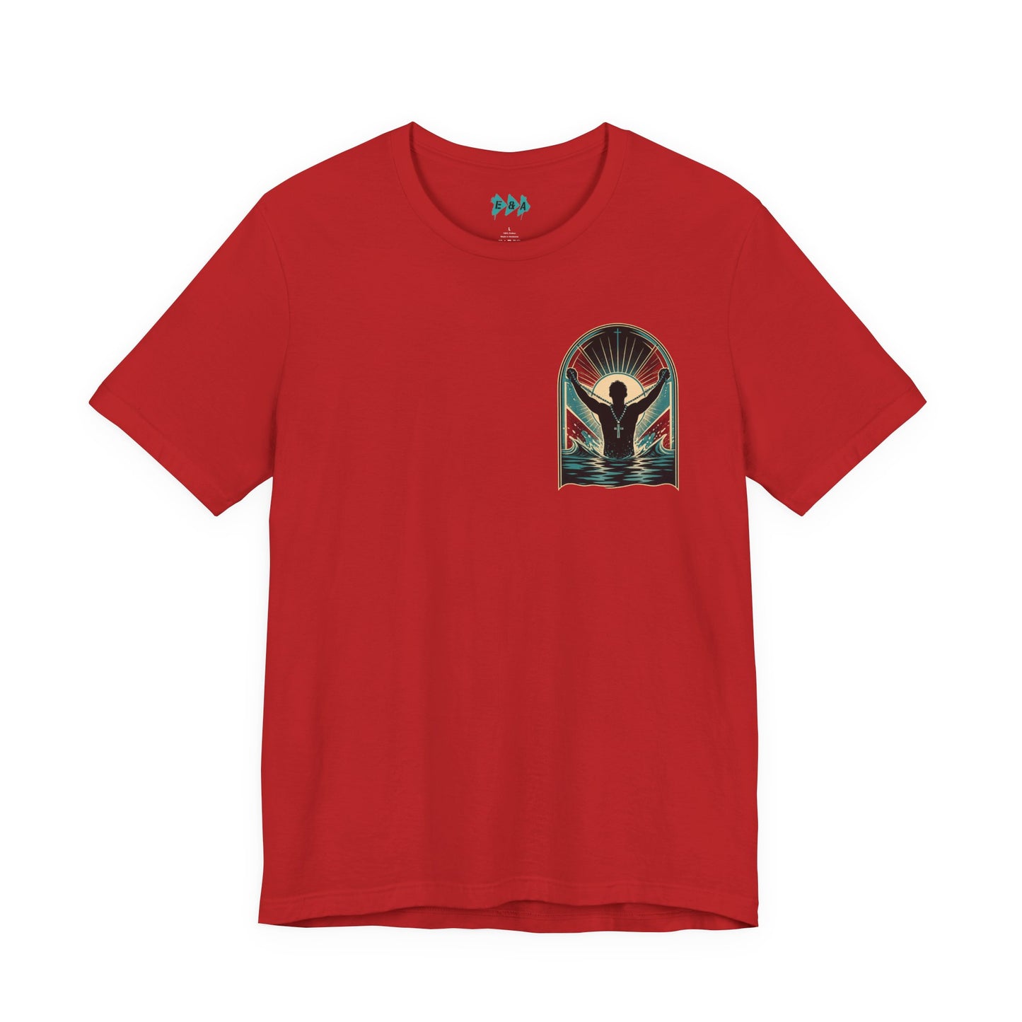 "Saved" T-Shirt — Raised Hands Silhouette with Cross Retro Graphic