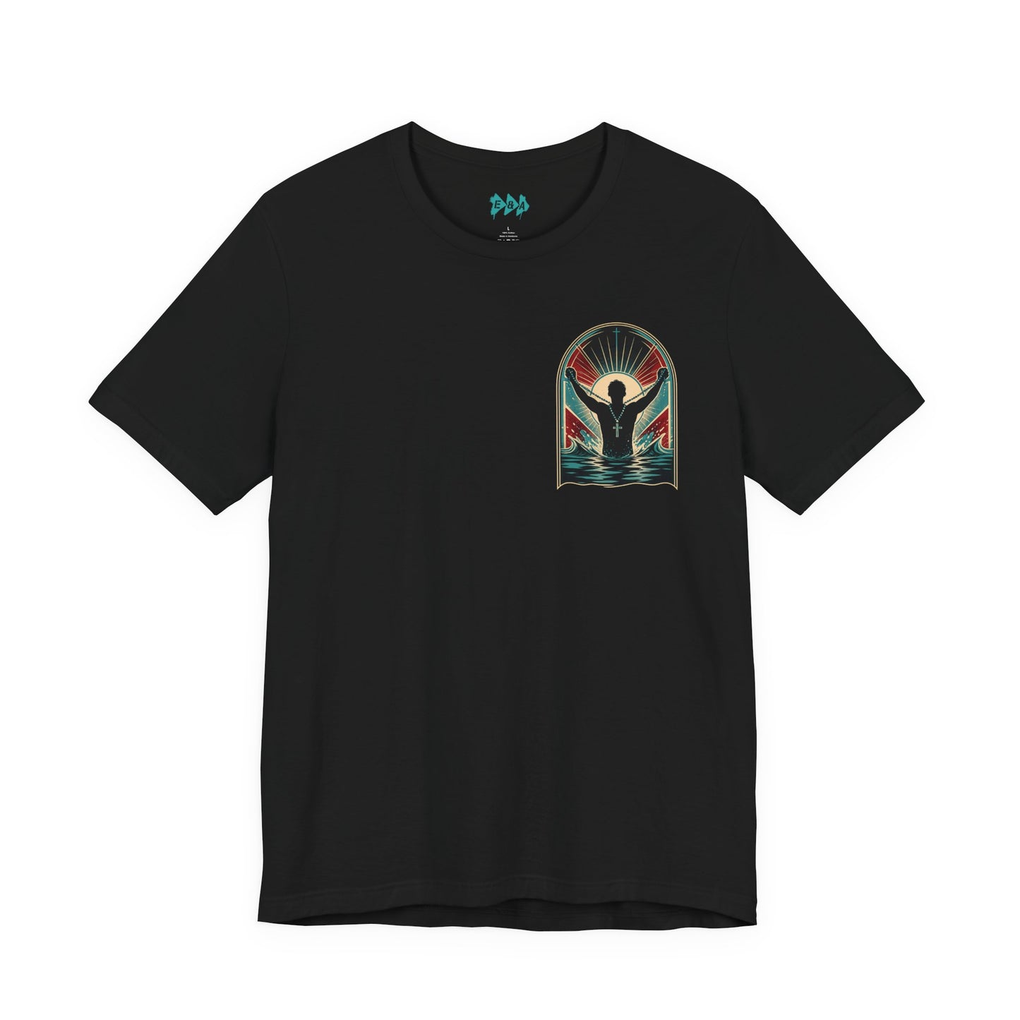 "Saved" T-Shirt — Raised Hands Silhouette with Cross Retro Graphic