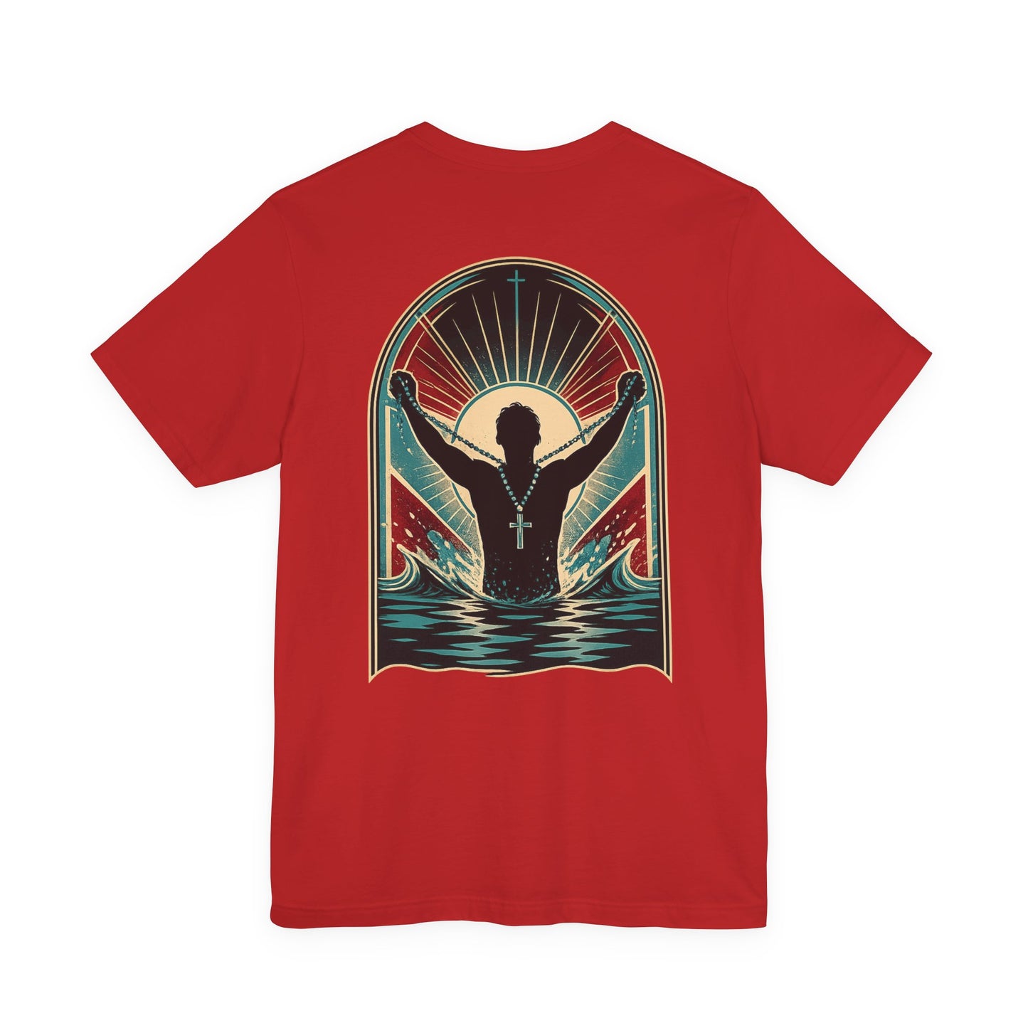 "Saved" T-Shirt — Raised Hands Silhouette with Cross Retro Graphic
