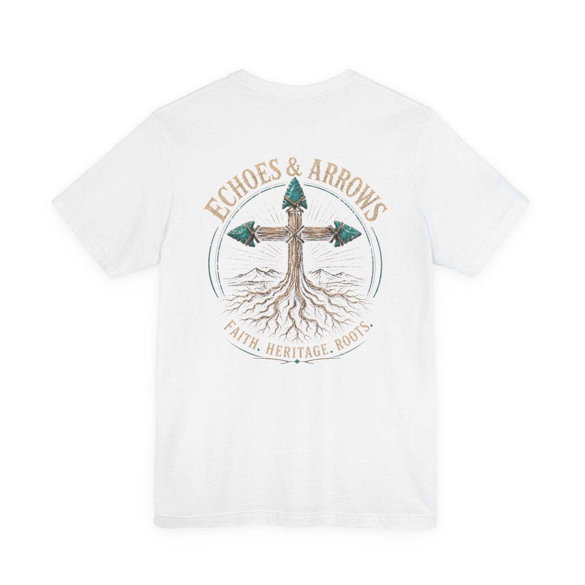 Classic Fit- Echoes & Arrows 'Faith. Heritage. Roots.' T-Shirt — Tree Cross Logo Tee
