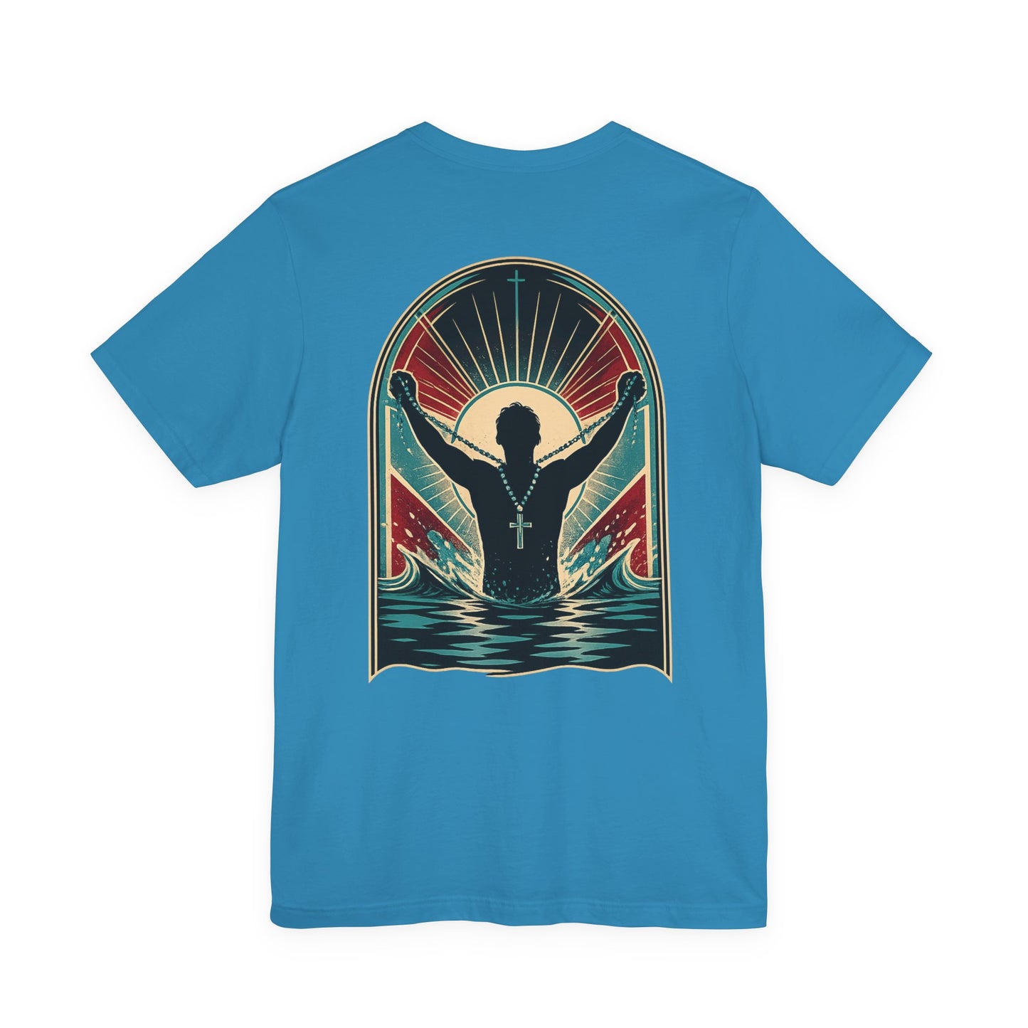 "Saved" T-Shirt — Raised Hands Silhouette with Cross Retro Graphic