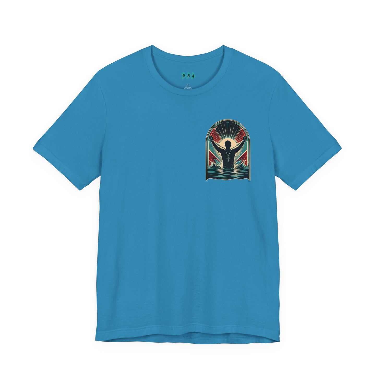 "Saved" T-Shirt — Raised Hands Silhouette with Cross Retro Graphic