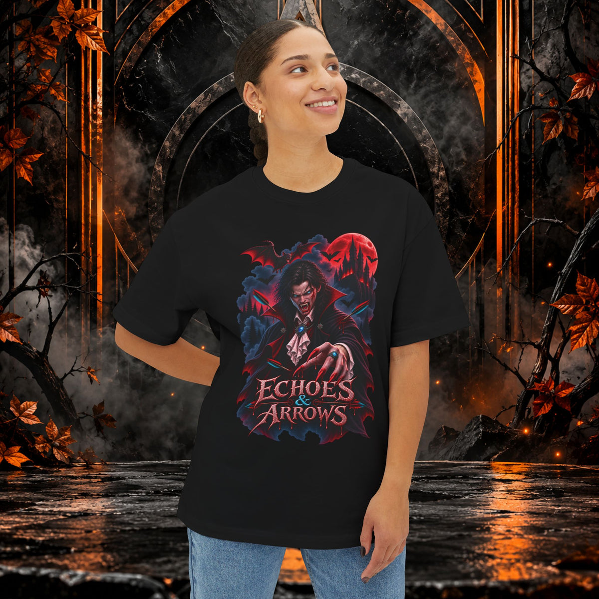 Oversized Boxy Fit -Echoes & Arrows Vampire Graphic Tee