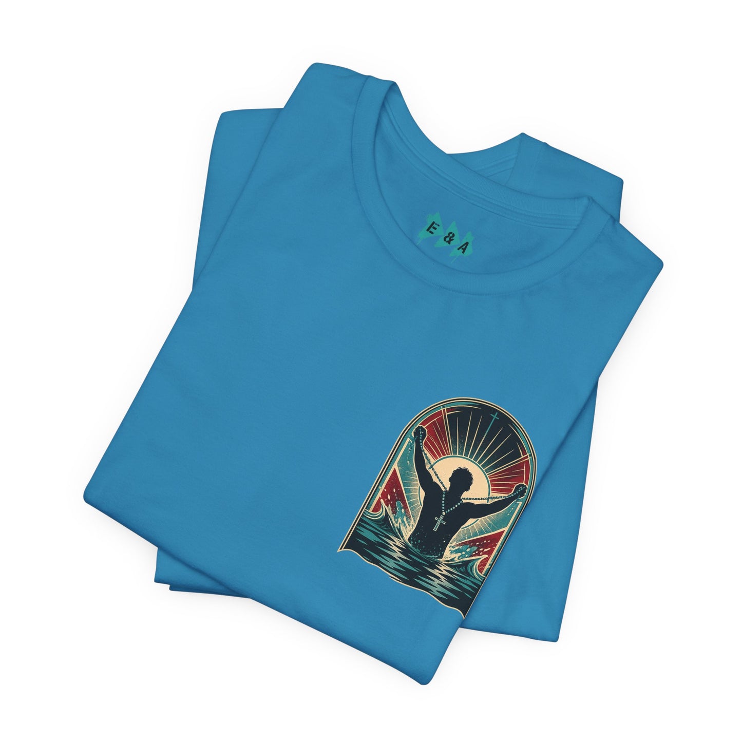 "Saved" T-Shirt — Raised Hands Silhouette with Cross Retro Graphic